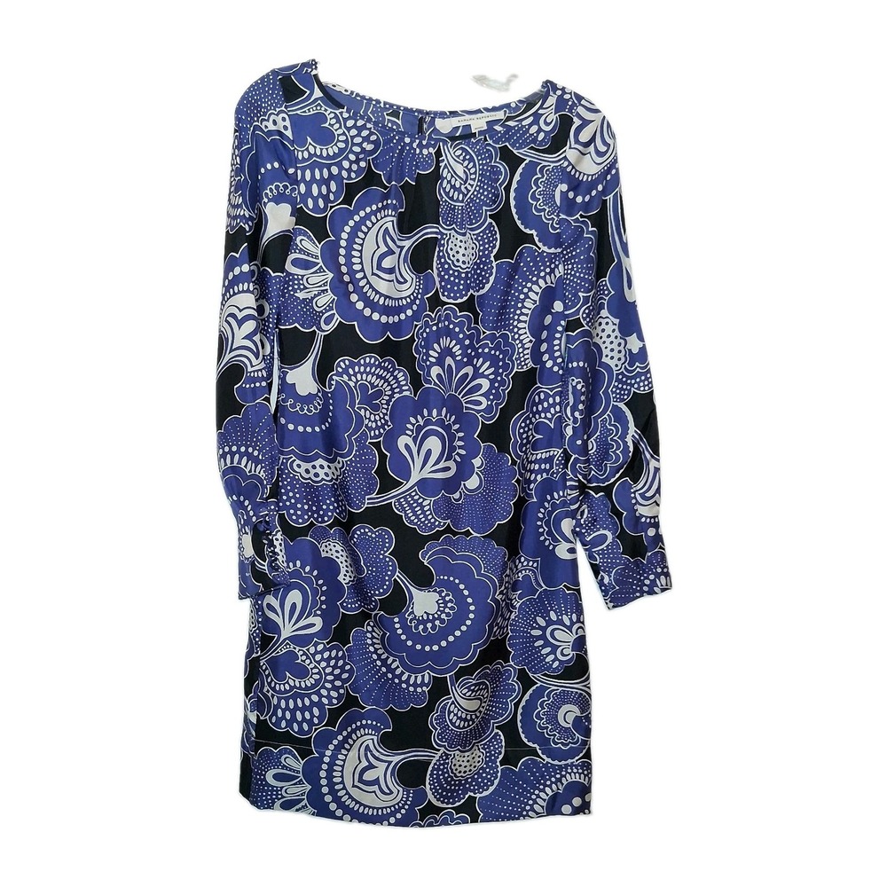 Banana Republic Women 100% Silk Long Sleeve Floral Purple White Black Dress 0P - Picture 1 of 16